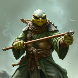 An adult tortle character portrayed in a serious battle stance, embodying a battle monk who wields spirit magic