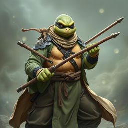 An adult tortle character portrayed in a serious battle stance, embodying a battle monk who wields spirit magic