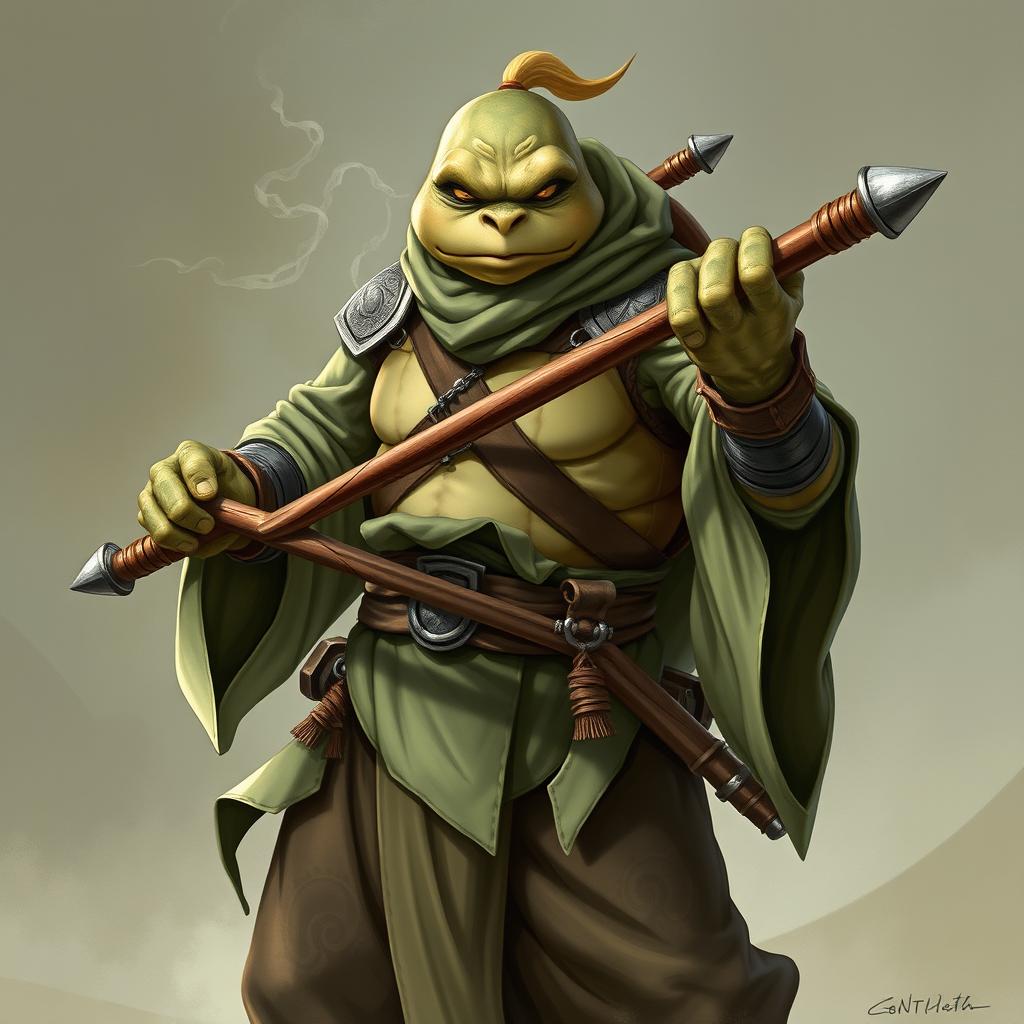 An adult tortle character illustrated in a serious battle stance, exemplifying a battle monk who wields spirit magic