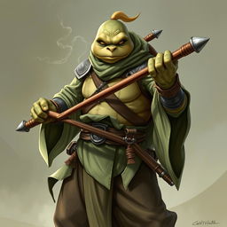 An adult tortle character illustrated in a serious battle stance, exemplifying a battle monk who wields spirit magic