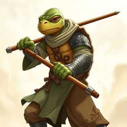 An adult tortle character illustrated in a serious battle stance, exemplifying a battle monk who wields spirit magic