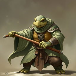 An adult tortle character illustrated in a serious battle stance, exemplifying a battle monk who wields spirit magic