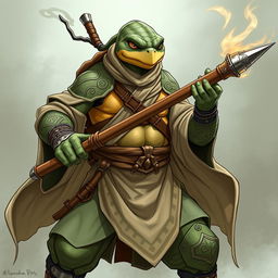 An adult tortle character illustrated in a serious battle stance, exemplifying a battle monk who wields spirit magic