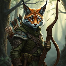 An intriguing depiction of a lynx Dungeons & Dragons character, portrayed as a cunning ranger