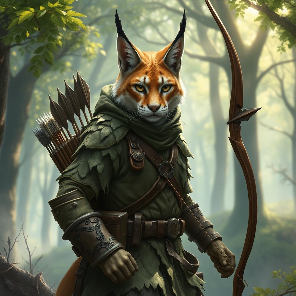 An intriguing depiction of a lynx Dungeons & Dragons character, portrayed as a cunning ranger