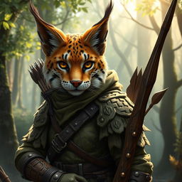 An intriguing depiction of a lynx Dungeons & Dragons character, portrayed as a cunning ranger