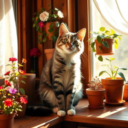 A playful and curious cat named Asya, sitting gracefully on a sunlit windowsill