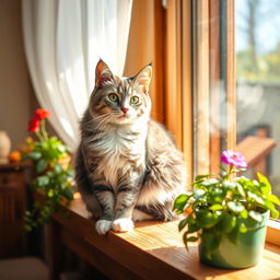 A playful and curious cat named Asya, sitting gracefully on a sunlit windowsill