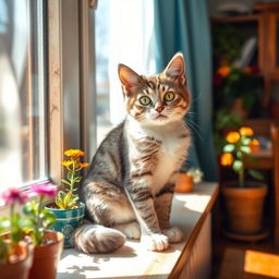 A playful and curious cat named Asya, sitting gracefully on a sunlit windowsill