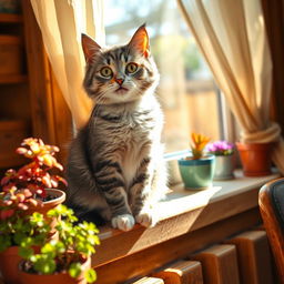 A playful and curious cat named Asya, sitting gracefully on a sunlit windowsill