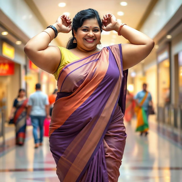 a full figure photo of a chubby and curvy South Indian lady wearing a very tight saree with a sleeveless blouse at a public mall