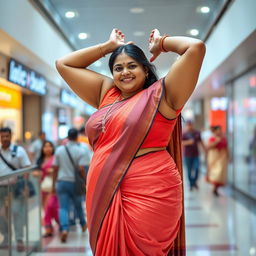 a full figure photo of a chubby and curvy South Indian lady wearing a very tight saree with a sleeveless blouse at a public mall