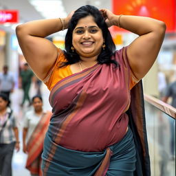 a full figure photo of a chubby and curvy South Indian lady wearing a very tight saree with a sleeveless blouse at a public mall