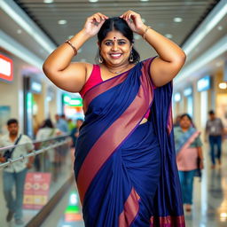 a full figure photo of a chubby and curvy South Indian lady wearing a very tight saree with a sleeveless blouse at a public mall