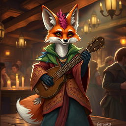 A charming depiction of a fox Dungeons & Dragons character, portrayed as a witty bard