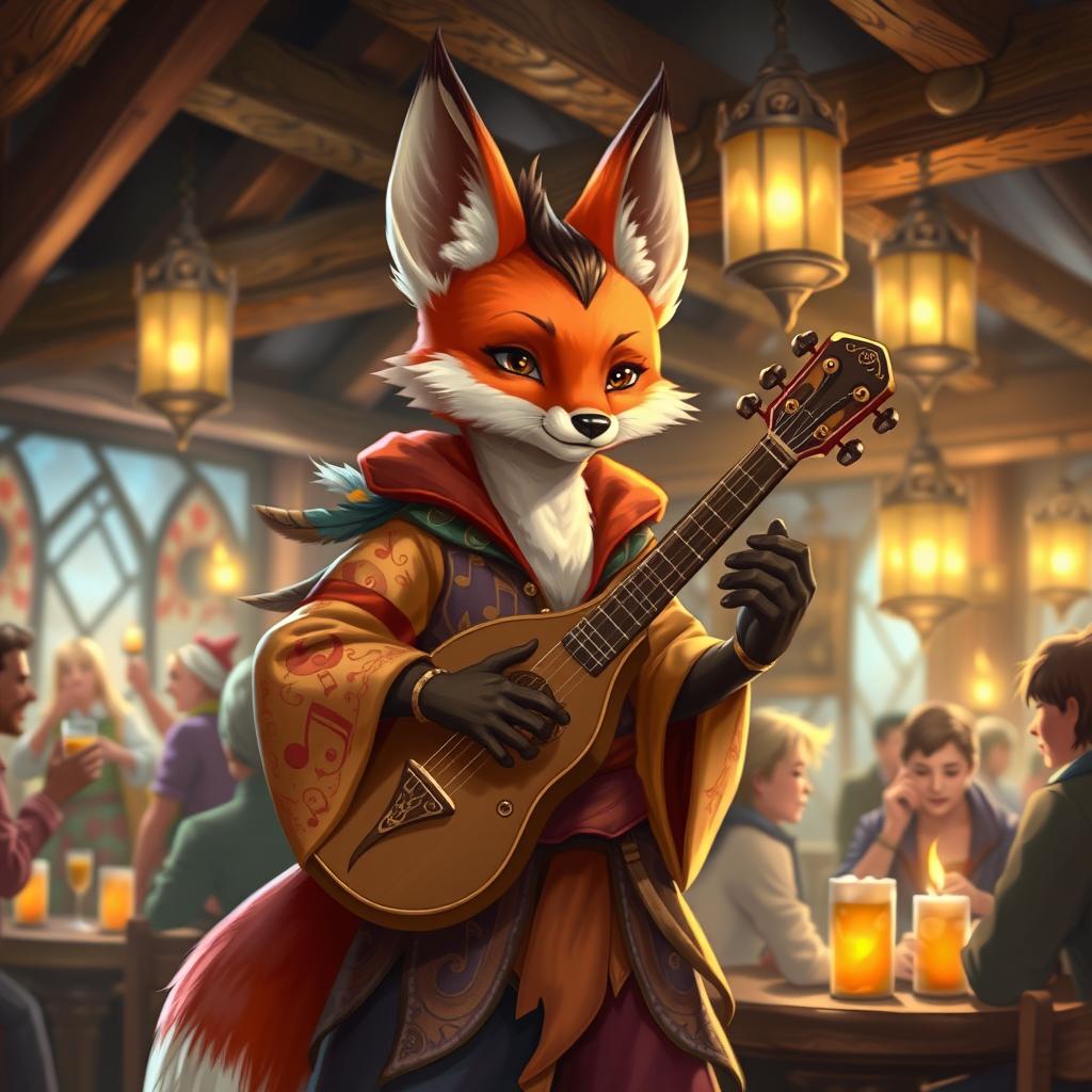 A charming depiction of a fox Dungeons & Dragons character, portrayed as a witty bard