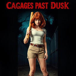 A dramatic movie poster featuring a beautiful teenage redhead with medium-length hair, holding a bloody baseball bat in her hand