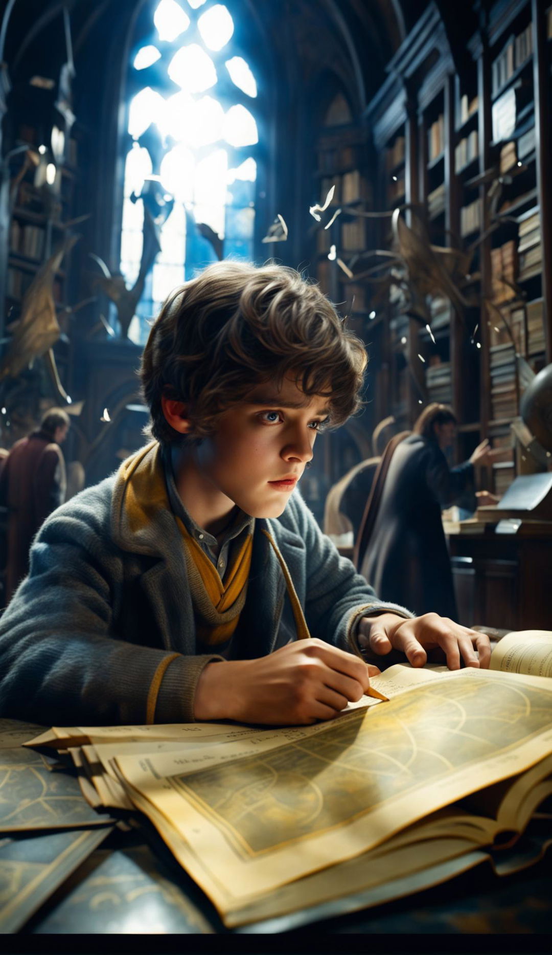 Ultra HD image of a 12-year-old brunette Hufflepuff boy in the Hogwarts castle library, looking down at his astrology homework in confusion, with invisible Wrackspurts swarming like gnats around his head, captured in side profile, in the style of 'Fantastic Beasts and Where to Find Them'.