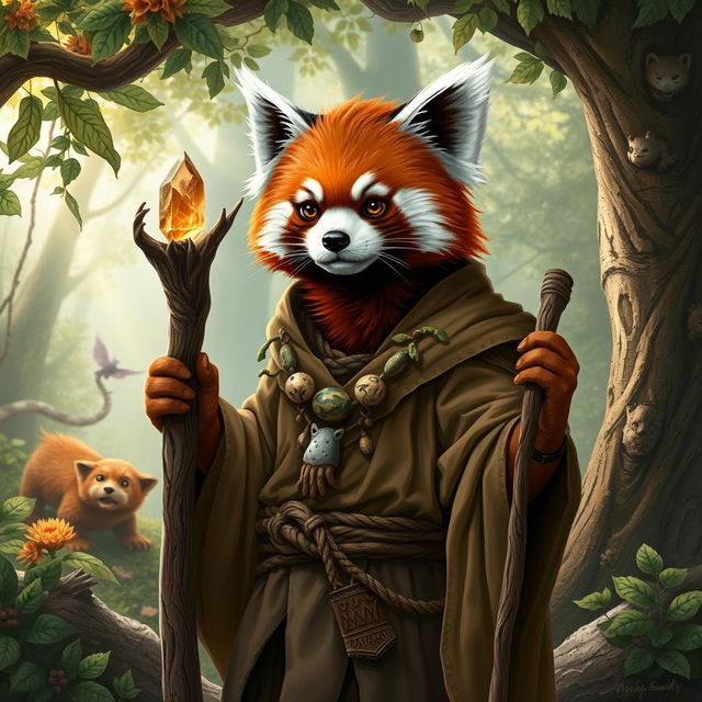 A captivating depiction of a red panda Dungeons & Dragons character, styled as a wise and charismatic druid