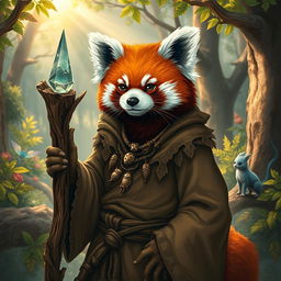 A captivating depiction of a red panda Dungeons & Dragons character, styled as a wise and charismatic druid