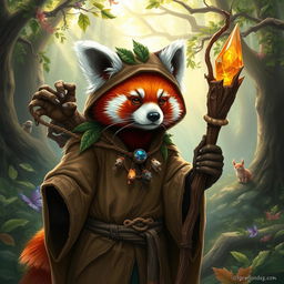 A captivating depiction of a red panda Dungeons & Dragons character, styled as a wise and charismatic druid