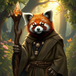 A captivating depiction of a red panda Dungeons & Dragons character, styled as a wise and charismatic druid