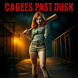 A captivating movie poster featuring a beautiful teenage redhead with medium-long hair, gripping a bloody baseball bat in her hand