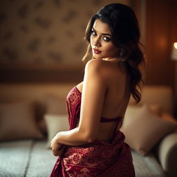 A sensual and elegant scene featuring a beautiful woman gracefully undressing from her traditional saree, revealing her stunning curves and figure