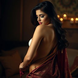 A sensual and elegant scene featuring a beautiful woman gracefully undressing from her traditional saree, revealing her stunning curves and figure