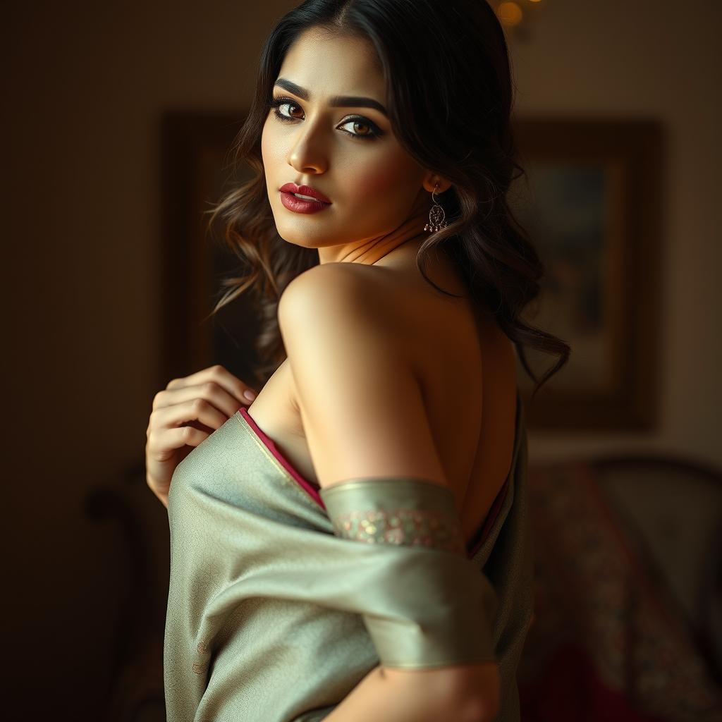 A sensual and elegant scene featuring a beautiful woman gracefully undressing from her traditional saree, revealing her stunning curves and figure