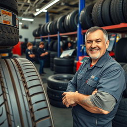 A tire service scene featuring an enthusiastic mechanic named Giorgio, known for his expertise in car tires