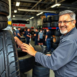 A tire service scene featuring an enthusiastic mechanic named Giorgio, known for his expertise in car tires