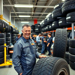 A tire service scene featuring an enthusiastic mechanic named Giorgio, known for his expertise in car tires