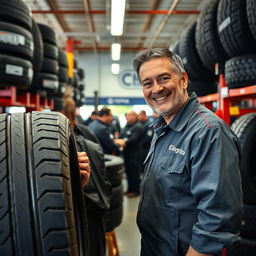 A tire service scene featuring an enthusiastic mechanic named Giorgio, known for his expertise in car tires