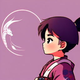 Digital art profile picture of a young samurai boy gazing into the distance with a circular dragon border.