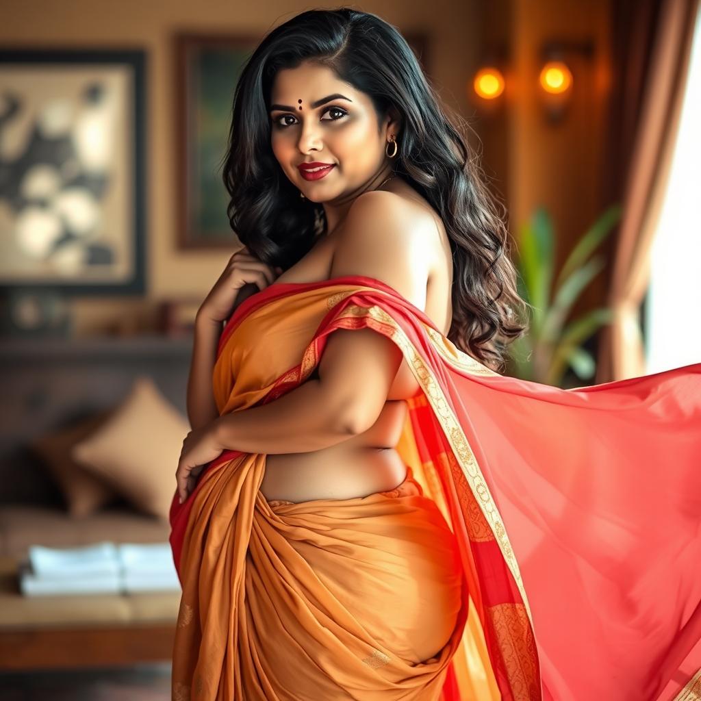 A voluptuous woman gracefully undressing from her colorful saree, her curvy figure elegantly showcased as the fabric falls away