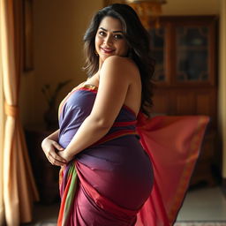 A voluptuous woman gracefully undressing from her colorful saree, her curvy figure elegantly showcased as the fabric falls away