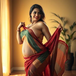 A voluptuous woman gracefully undressing from her colorful saree, her curvy figure elegantly showcased as the fabric falls away