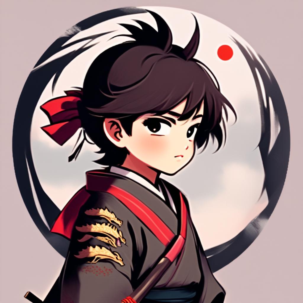 Digital art profile picture of a young samurai boy gazing into the distance with a circular dragon border.