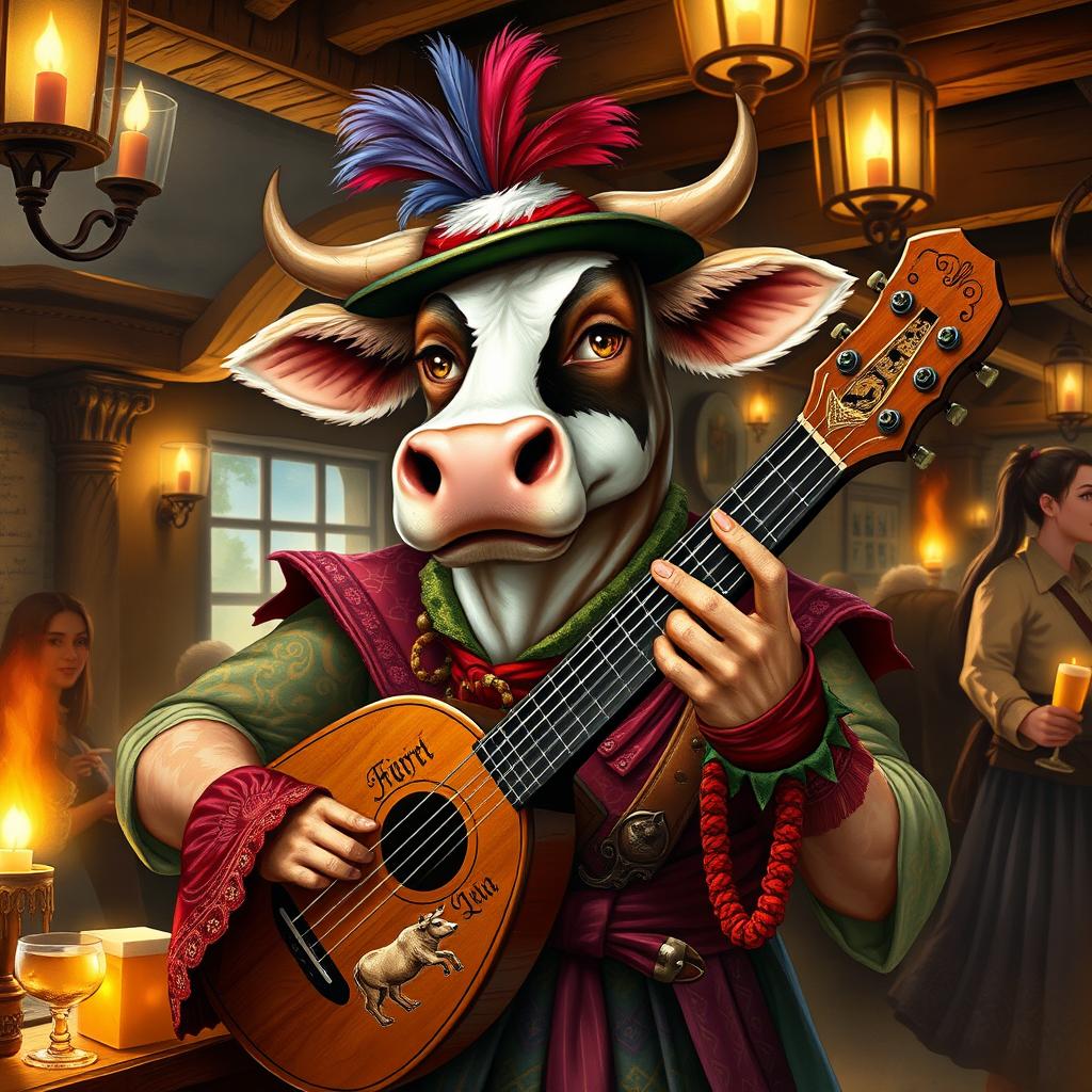 An imaginative portrait of a cow Dungeons & Dragons character, envisioned as a clever bard