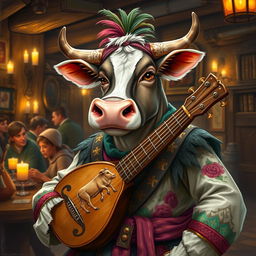 An imaginative portrait of a cow Dungeons & Dragons character, envisioned as a clever bard