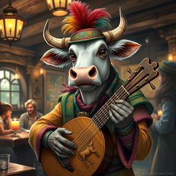 An imaginative portrait of a cow Dungeons & Dragons character, envisioned as a clever bard