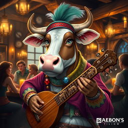 An imaginative portrait of a cow Dungeons & Dragons character, envisioned as a clever bard