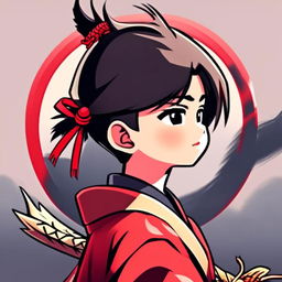 Digital art profile picture of a young samurai boy gazing into the distance with a circular dragon border.