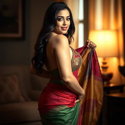 A woman with a stunning hourglass figure of 36-24-42 gracefully undressing from her colorful saree, revealing her beautiful curves as the fabric flows down