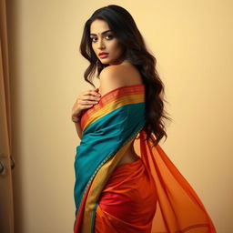 A woman with a stunning hourglass figure of 36-24-42 gracefully undressing from her colorful saree, revealing her beautiful curves as the fabric flows down