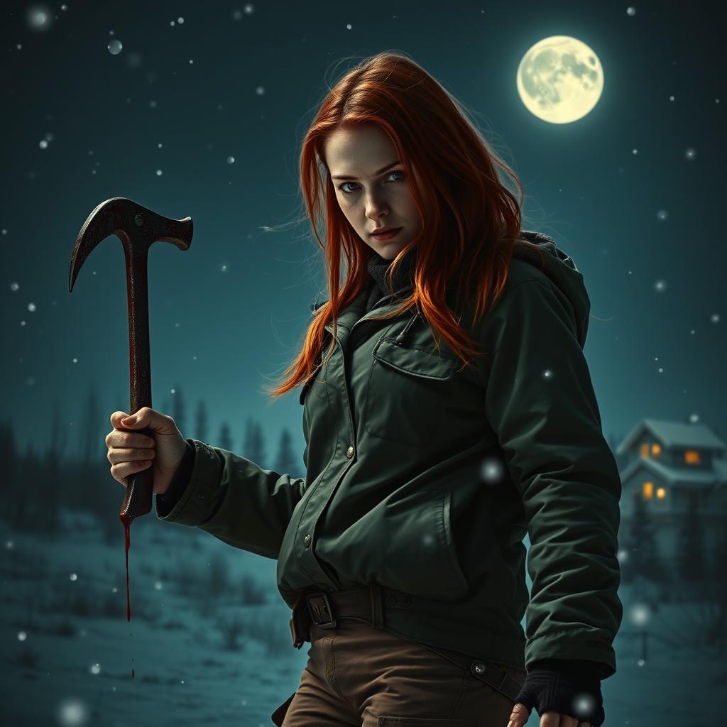 An intense movie poster featuring a beautiful young redhead with longer hair, wielding a bloody crowbar in her hand