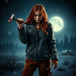 An intense movie poster featuring a beautiful young redhead with longer hair, wielding a bloody crowbar in her hand