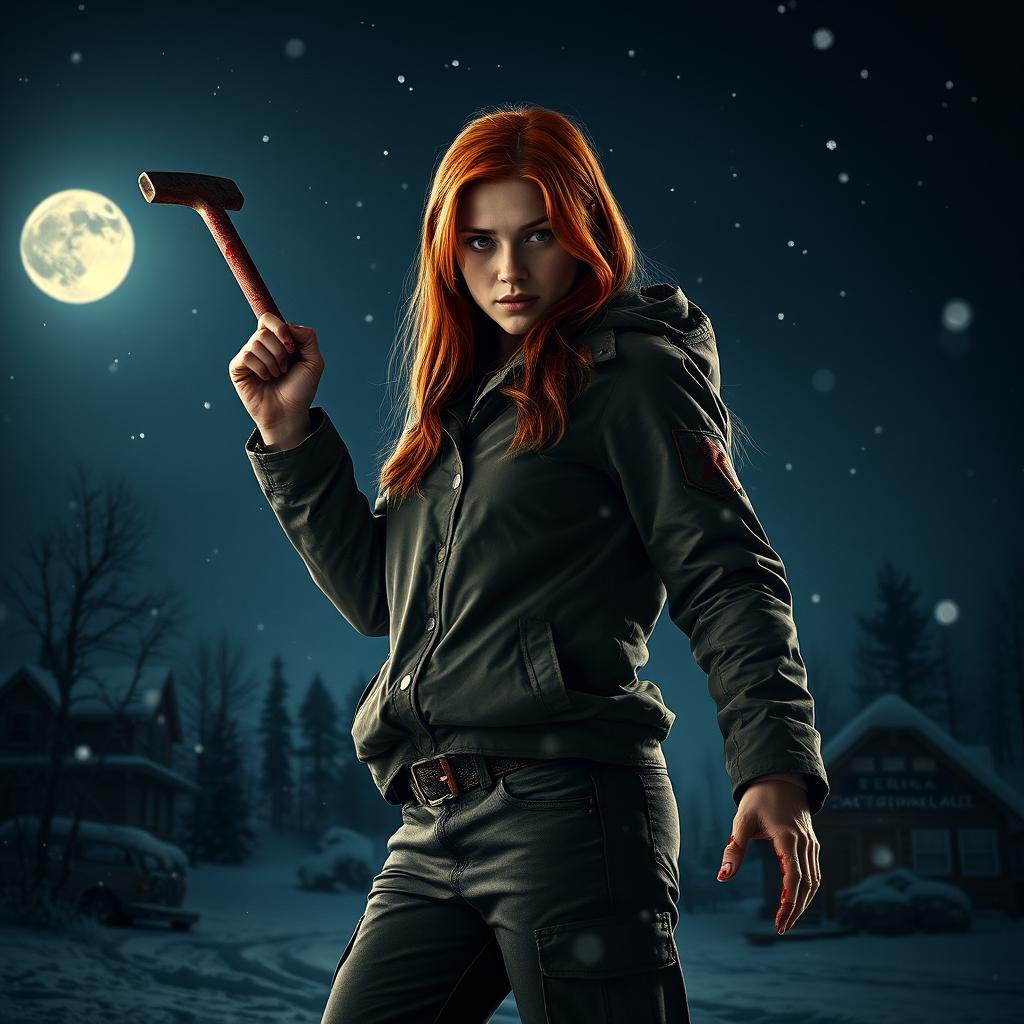 An intense movie poster featuring a beautiful young redhead with longer hair, wielding a bloody crowbar in her hand