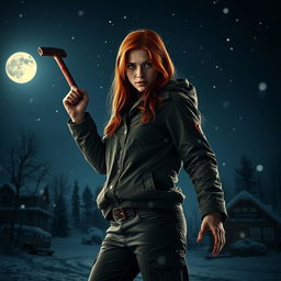 An intense movie poster featuring a beautiful young redhead with longer hair, wielding a bloody crowbar in her hand